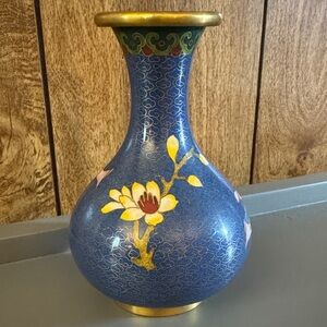 Vintage Chinese Blue and Gold Floral Brass Vase